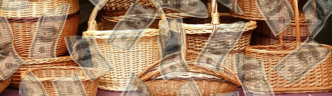 several wicker baskets with transparent falling money overlayed