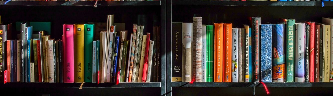 Row of brightly colored book spines on a row of a black bookshelf