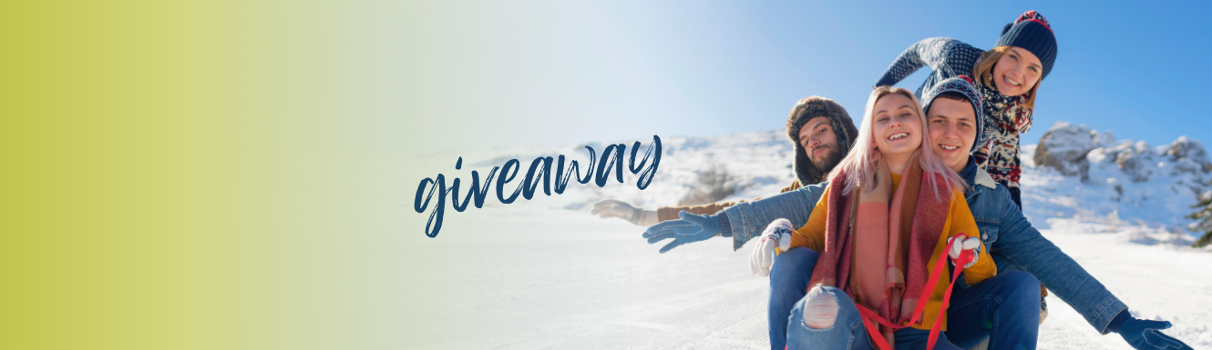 Picture of a group of four people sledding on a winter day.  Bank on the Go Giveaway Image.