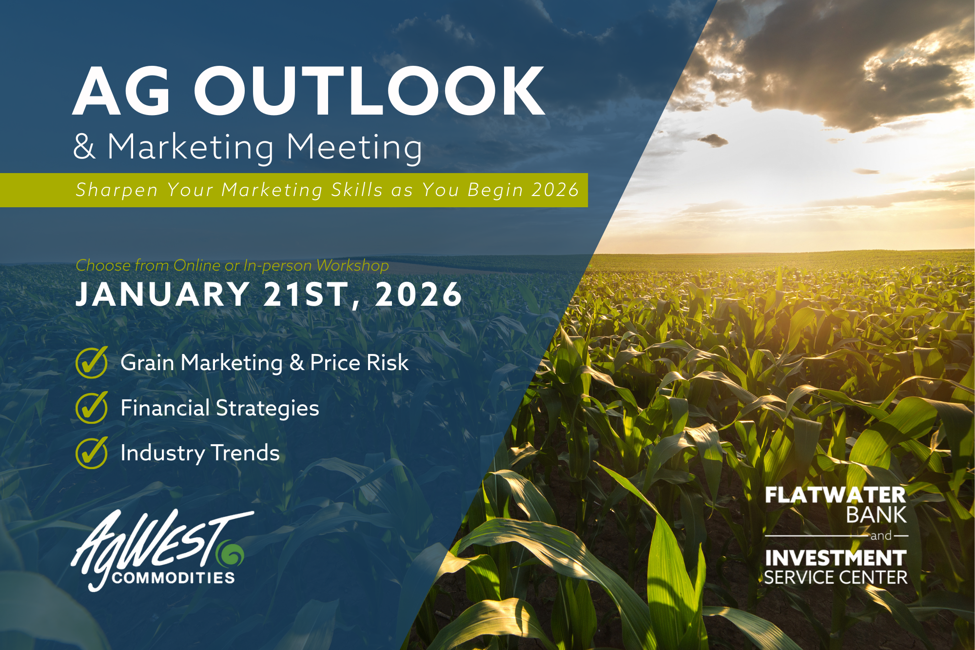 Picture of a field with corn and invite to Ag Outlook meeting January 21st, 2026.  