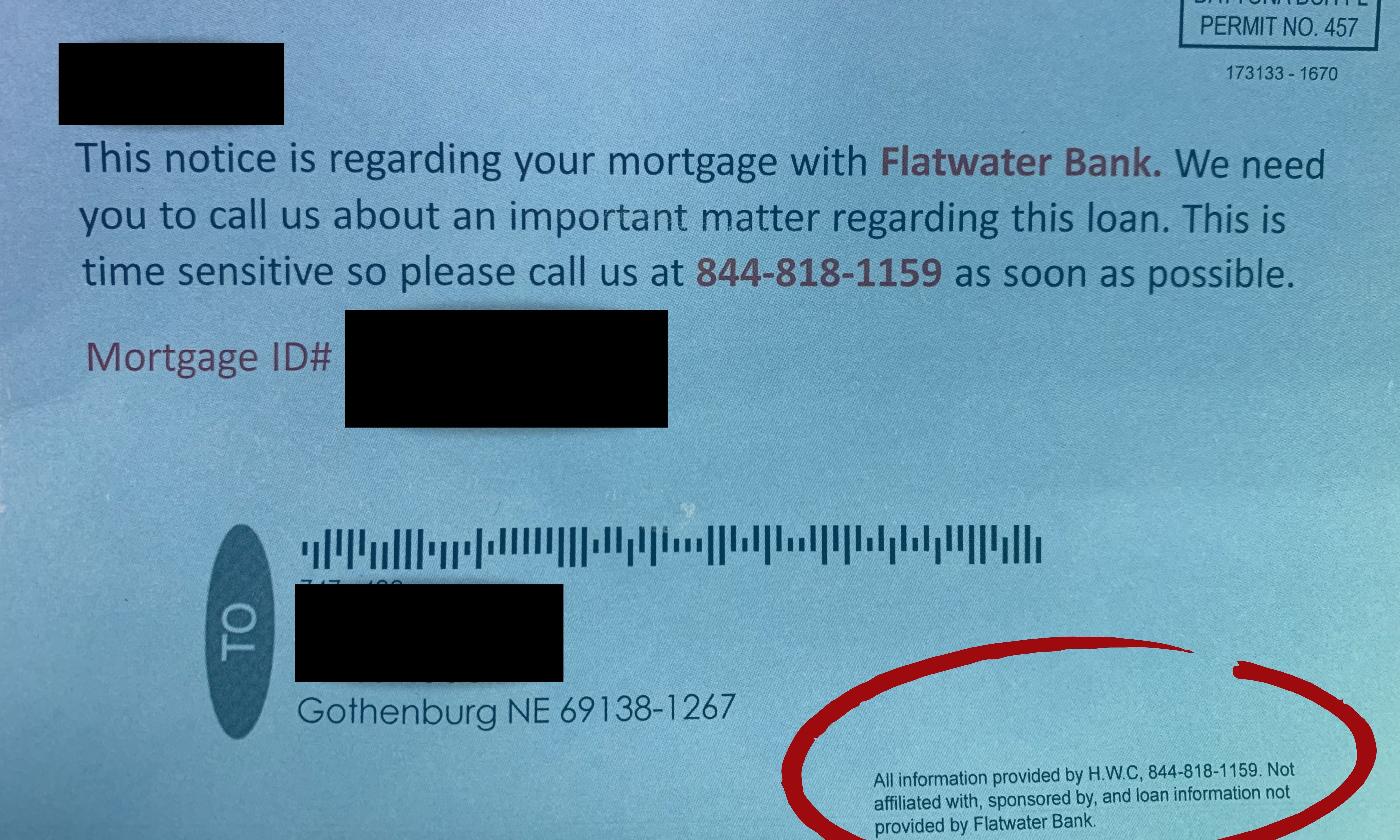 Picture of a postcard soliciting a call back on a mortgage.